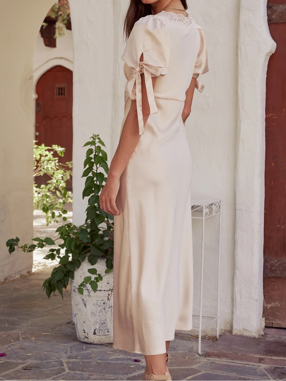 Bohme Satin Lace-Trim Midi Dress in Blush - Picture 2 of 5